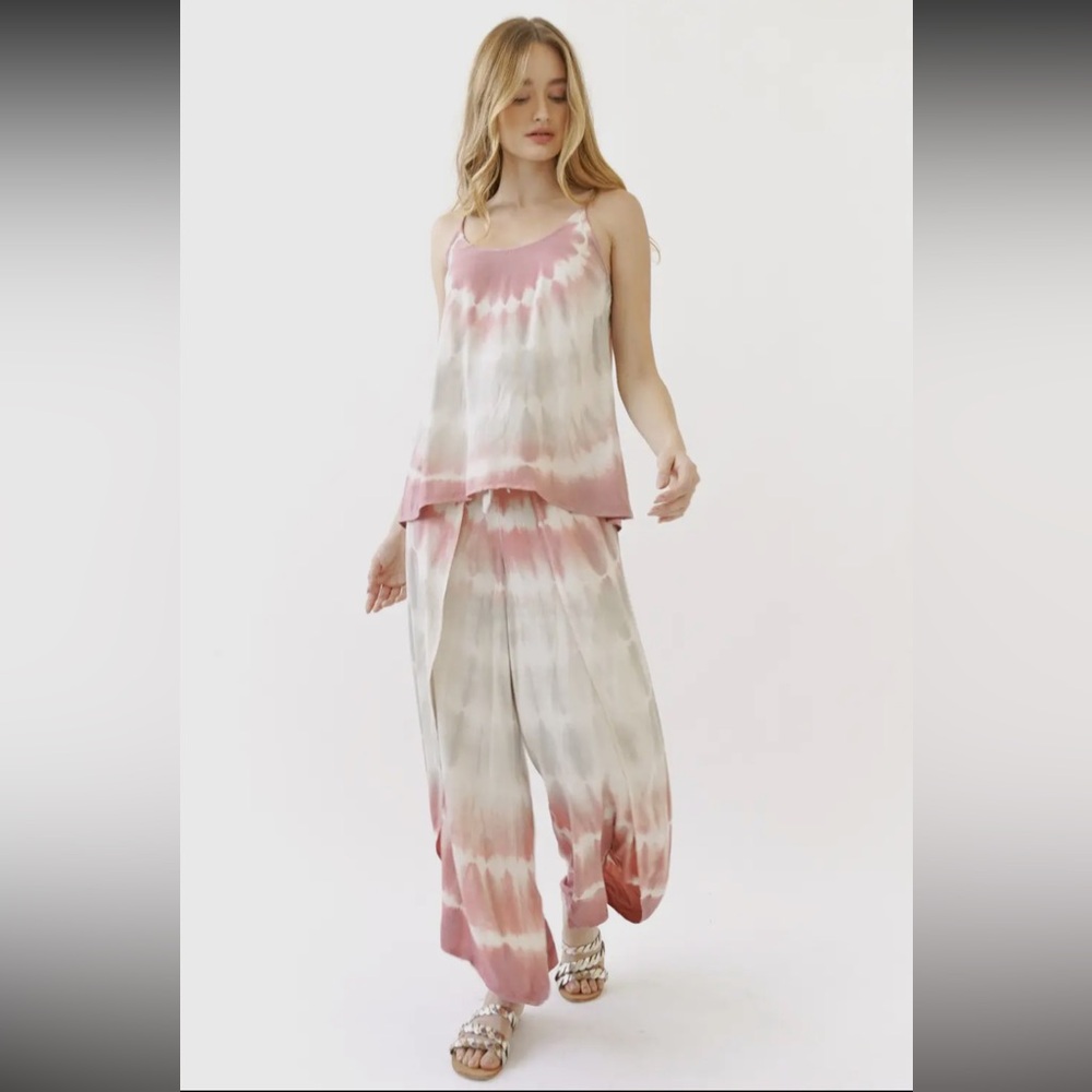 176. NEW Item Tie Dye Cami & Wrap Pants Set Mauve Pink & Stone NEW - Picture 3 of 11
